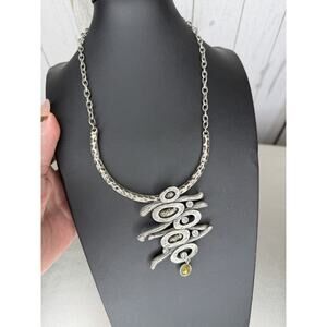 Vintage Silver Tone GEOMETRIC BIB Necklace Unique Rhinestone Accent